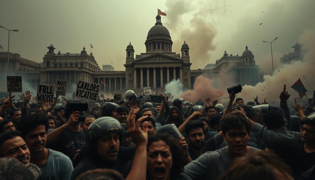 A chaotic scene of a democratic crisis, with citizens in the foreground protesting and clashing with riot police, their faces etched with despair and frustration. In the middle ground, government buildings stand tall yet crumbling, the foundations of democracy shaken. The background is a murky, ominous cityscape, thick with clouds of tear gas and the echoes of sirens. The lighting is stark, casting long shadows and highlighting the turmoil. The lens is wide, capturing the scale and urgency of the unfolding events, as if the viewer is right in the heart of the chaos. The overall mood is one of unrest, uncertainty, and a deep longing for a better, more just system of governance.