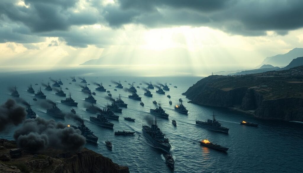 A cinematic landscape of the Mediterranean theater during World War II. In the foreground, a sprawling naval fleet with warships and destroyers engaged in a fierce battle, billowing smoke and explosions punctuating the scene. The middle ground features rugged coastlines and rocky cliffs, dotted with military encampments and artillery emplacements. In the distance, the horizon is dominated by towering mountains shrouded in mist, conveying a sense of the grand scale of the conflict. The lighting is dramatic, with shafts of sunlight piercing through the clouds, casting shadows and highlights across the dramatic setting. The overall atmosphere is one of intensity, urgency, and the vast, sweeping nature of the Mediterranean campaign. A cinematic landscape of the Mediterranean theater during World War II. In the foreground, a sprawling naval fleet with warships and destroyers engaged in a fierce battle, billowing smoke and explosions punctuating the scene. The middle ground features rugged coastlines and rocky cliffs, dotted with military encampments and artillery emplacements. In the distance, the horizon is dominated by towering mountains shrouded in mist, conveying a sense of the grand scale of the conflict. The lighting is dramatic, with shafts of sunlight piercing through the clouds, casting shadows and highlights across the dramatic setting. The overall atmosphere is one of intensity, urgency, and the vast, sweeping nature of the Mediterranean campaign.
