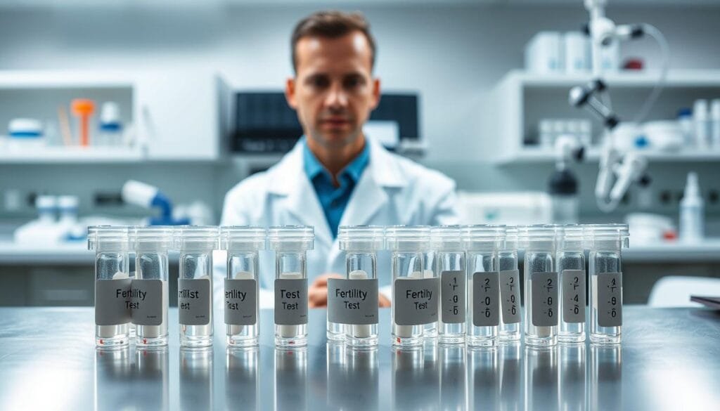 A clinical laboratory setting with sterile equipment and medical instruments arranged neatly on a stainless steel surface. In the foreground, a series of small glass vials labeled "Fertility Test" are displayed against a clean, well-lit backdrop. The middle ground features a medical professional in a white lab coat, examining the test results with a serious, focused expression. The background is softly blurred, suggesting a sense of professionalism and scientific inquiry. The overall atmosphere conveys the gravity and importance of the fertility examination process, with a tone of clinical precision and medical expertise.