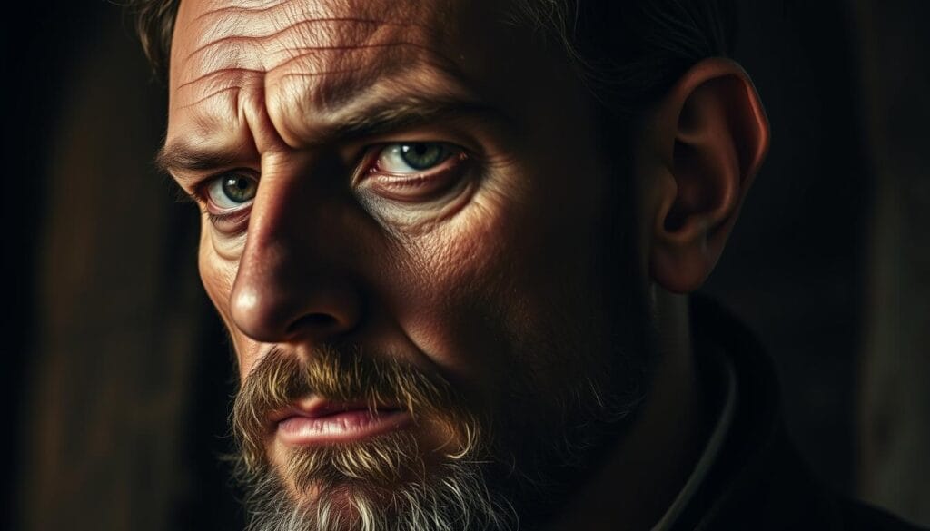 A close-up portrait of a stern-faced man with a prominent, scarred right ear, set against a dimly lit, somber backdrop. The man's weathered features and intense gaze command attention, evoking a sense of historical significance. The lighting casts dramatic shadows, heightening the sense of drama and tension. The background is slightly blurred, keeping the focus on the man's striking appearance and the distinctive, disfigured ear that serves as the central subject. The overall tone is one of historical gravitas, reflecting the pivotal role this individual played in the conflict between Great Britain and Spain.