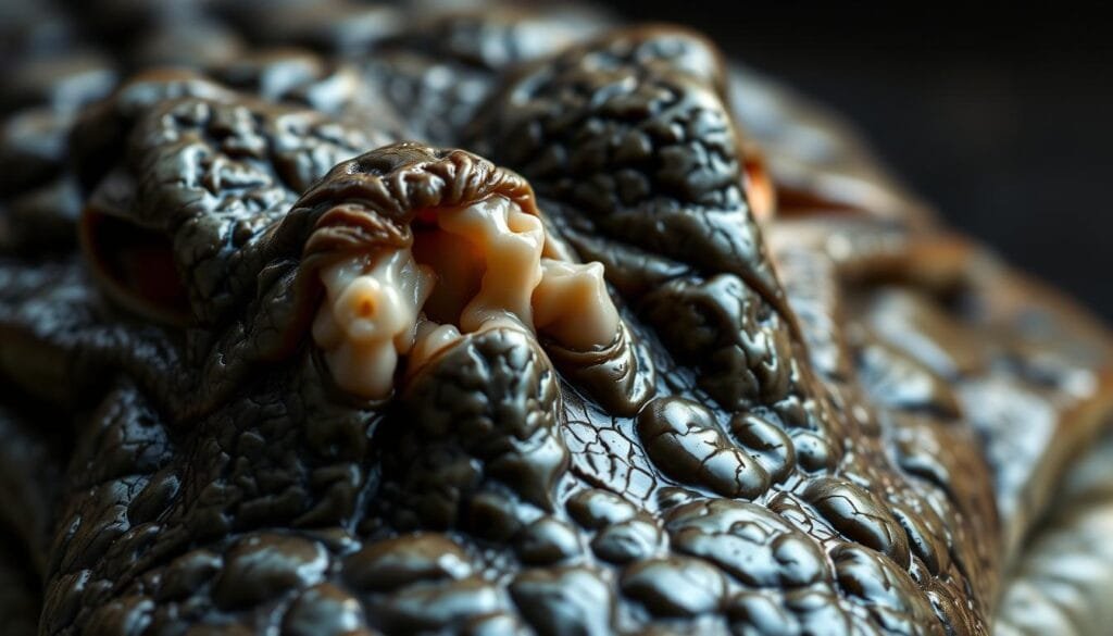 A close-up view of a crocodile's tear glands, showcasing their intricate anatomical structure. The glands are prominently displayed, their complex network of ducts and lobules meticulously rendered. The image captures the delicate, glistening surface of the glands, conveying a sense of their biological function. The lighting is soft and diffused, highlighting the texture and nuances of the crocodile's skin. The background is muted, allowing the tear glands to be the central focus, inviting the viewer to examine their intriguing design. The overall composition emphasizes the scientific and technical aspects of the subject, providing a detailed illustration to complement the article's exploration of the "crocodile tears" phenomenon.