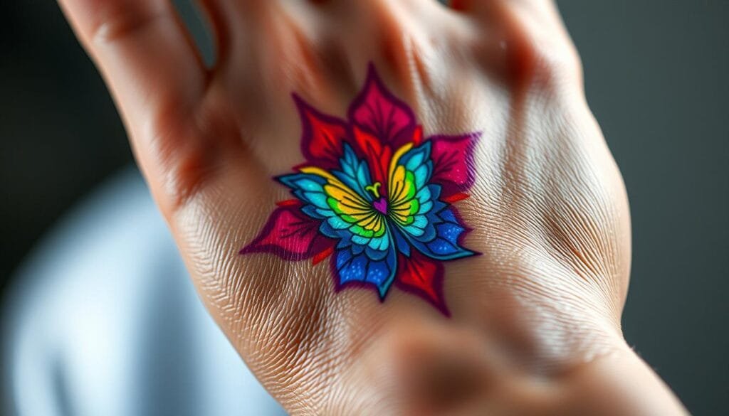 A close-up view of a human hand with a colorful, intelligent tattoo-like skin sensor. The sensor is made of a flexible, thermochromic ink that changes hue in response to changes in body temperature, creating a dynamic, shifting pattern across the skin. The sensor is meticulously detailed, with a layered, textured appearance that mimics the natural contours of the skin. The lighting is soft and diffused, highlighting the subtleties of the sensor's color variations. The background is blurred, keeping the focus on the intricate, living design of the sensor. The overall mood is one of scientific innovation and personal, adaptive expression. A close-up view of a human hand with a colorful, intelligent tattoo-like skin sensor. The sensor is made of a flexible, thermochromic ink that changes hue in response to changes in body temperature, creating a dynamic, shifting pattern across the skin. The sensor is meticulously detailed, with a layered, textured appearance that mimics the natural contours of the skin. The lighting is soft and diffused, highlighting the subtleties of the sensor's color variations. The background is blurred, keeping the focus on the intricate, living design of the sensor. The overall mood is one of scientific innovation and personal, adaptive expression.