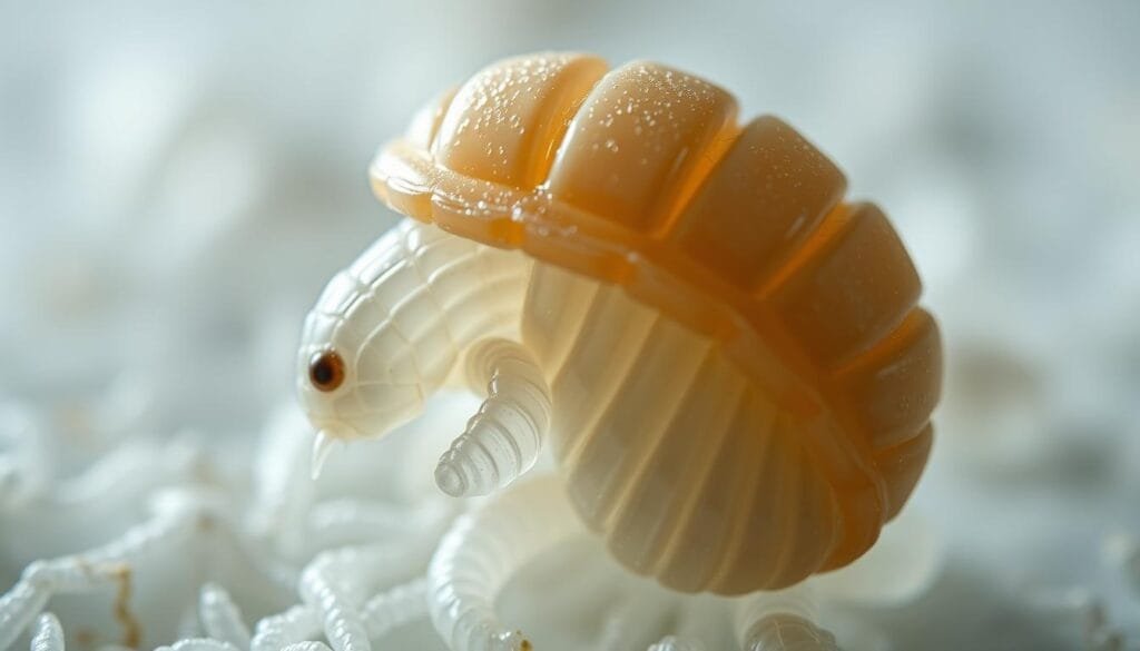 A close-up view of a microscopic tardigrade (water bear) undergoing the process of tun formation. The tardigrade's body is curled up, its limbs retracted, and a protective shell-like structure is emerging around it, shielding it from environmental stressors. The tun is rendered in vivid detail, showcasing its intricate textures and patterns. Soft, diffused lighting illuminates the scene, creating a serene and contemplative atmosphere. The background is slightly blurred, allowing the tun to be the central focus of the image.