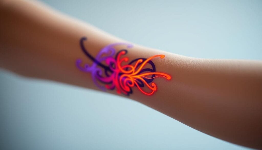 A close-up view of a person's forearm, revealing a dynamic, customizable tattoo that functions as a glucose monitoring device. The tattoo's design shifts and morphs, reflecting real-time changes in the wearer's blood sugar levels. The tattoo is made up of vibrant, responsive ink that elegantly integrates with the skin, creating a seamless, high-tech aesthetic. The lighting is soft and diffuse, highlighting the intricate detail and subtle color shifts of the tattoo. The background is slightly blurred, placing the focus entirely on the innovative, health-tracking tattoo. A close-up view of a person's forearm, revealing a dynamic, customizable tattoo that functions as a glucose monitoring device. The tattoo's design shifts and morphs, reflecting real-time changes in the wearer's blood sugar levels. The tattoo is made up of vibrant, responsive ink that elegantly integrates with the skin, creating a seamless, high-tech aesthetic. The lighting is soft and diffuse, highlighting the intricate detail and subtle color shifts of the tattoo. The background is slightly blurred, placing the focus entirely on the innovative, health-tracking tattoo.