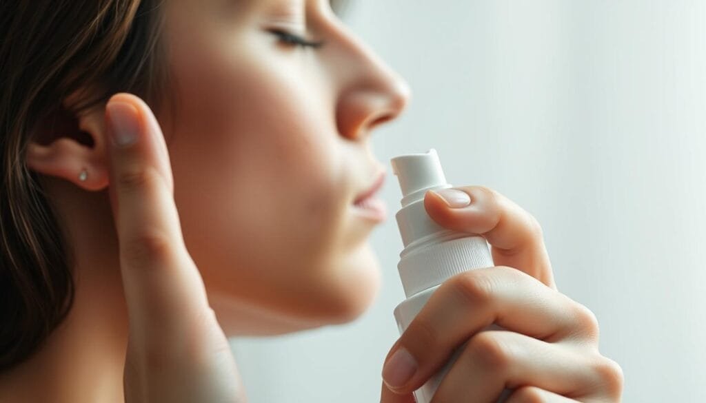 A close-up view of a person's hand properly using a nasal spray. The foreground shows the hand holding the nasal spray bottle with the nozzle inserted into the nostril. The middle ground depicts the person's face in profile, eyes closed, demonstrating the correct technique. The background is blurred, creating a sense of focus on the procedure. The lighting is soft and diffused, creating a calming, clinical atmosphere. The composition emphasizes the importance of the correct nasal spray usage, conveying a sense of care and attention to detail in managing intense sneezing. A close-up view of a person's hand properly using a nasal spray. The foreground shows the hand holding the nasal spray bottle with the nozzle inserted into the nostril. The middle ground depicts the person's face in profile, eyes closed, demonstrating the correct technique. The background is blurred, creating a sense of focus on the procedure. The lighting is soft and diffused, creating a calming, clinical atmosphere. The composition emphasizes the importance of the correct nasal spray usage, conveying a sense of care and attention to detail in managing intense sneezing.