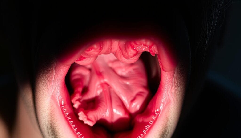 A close-up view of a person's throat experiencing the physical consequences of a prolonged sneeze. The throat appears inflamed and irritated, with visible redness and swelling. The lighting is harsh and clinical, casting dramatic shadows that accentuate the discomfort. The background is blurred, keeping the focus on the detailed anatomy of the throat. The overall mood is one of tension and unease, conveying the unpleasant sensations associated with a protracted sneezing fit. A close-up view of a person's throat experiencing the physical consequences of a prolonged sneeze. The throat appears inflamed and irritated, with visible redness and swelling. The lighting is harsh and clinical, casting dramatic shadows that accentuate the discomfort. The background is blurred, keeping the focus on the detailed anatomy of the throat. The overall mood is one of tension and unease, conveying the unpleasant sensations associated with a protracted sneezing fit.
