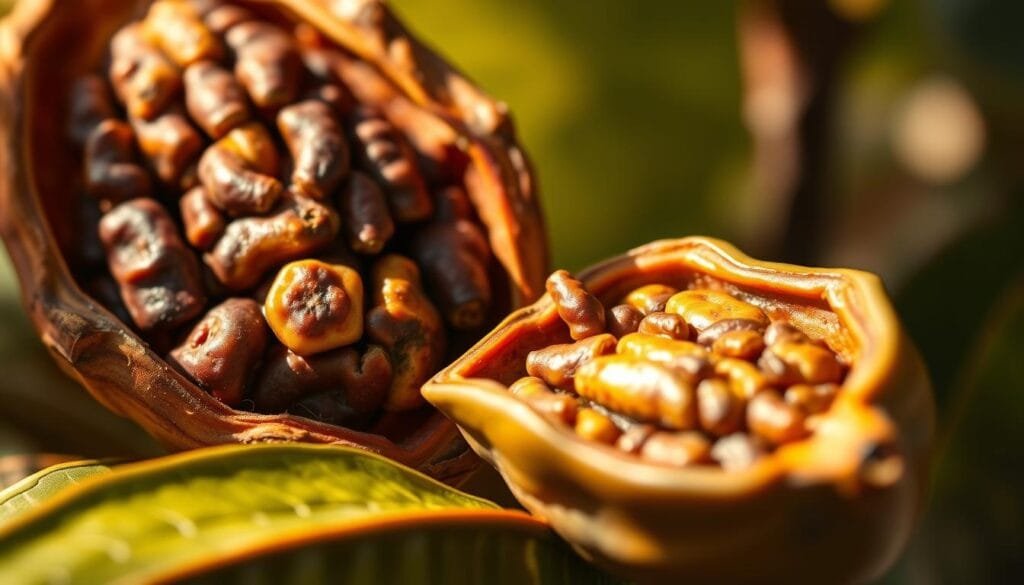 A close-up view of cacao pods and leaves, showcasing the internal structure and rich, vibrant colors of the flavonoids. The pods are gently illuminated from the side, casting soft shadows and highlighting the intricate textures. The background is slightly blurred, creating a sense of depth and focus on the botanical details. The lighting is warm and natural, evoking a sense of health and vitality. The overall composition emphasizes the beneficial properties of cacao, inviting the viewer to appreciate the complexity and value of this remarkable superfood.
