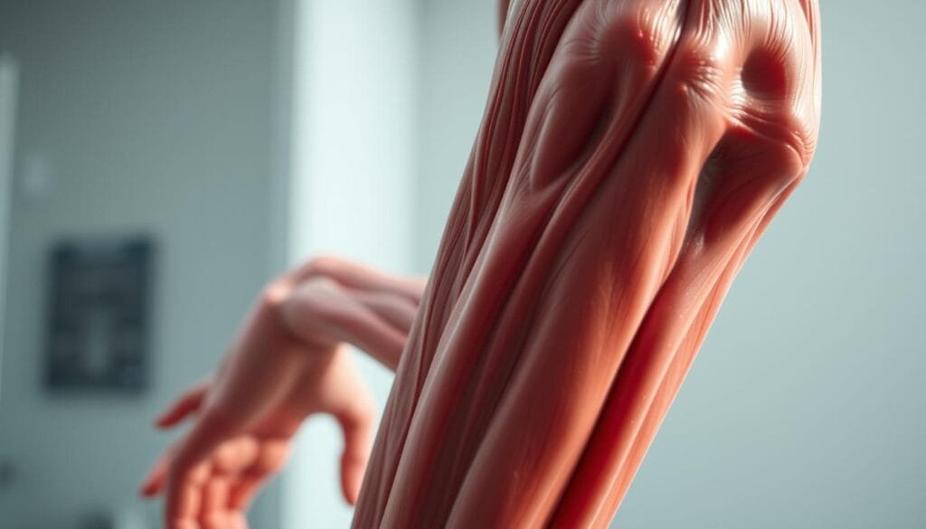 A close-up view of involuntary muscle contractions, showcasing the twitching and spasming of individual muscle fibers. Captured in a softly lit, clinical setting, the image should convey a sense of the physiological mechanisms at play during a myoclonic jerk. The muscles are rendered in realistic detail, with subtle highlights and shadows accentuating the dynamic motion. The background is slightly blurred, maintaining focus on the central subject and creating a sense of depth and context. The overall tone should be informative and anatomically accurate, rather than overtly dramatic or sensational. A close-up view of involuntary muscle contractions, showcasing the twitching and spasming of individual muscle fibers. Captured in a softly lit, clinical setting, the image should convey a sense of the physiological mechanisms at play during a myoclonic jerk. The muscles are rendered in realistic detail, with subtle highlights and shadows accentuating the dynamic motion. The background is slightly blurred, maintaining focus on the central subject and creating a sense of depth and context. The overall tone should be informative and anatomically accurate, rather than overtly dramatic or sensational.