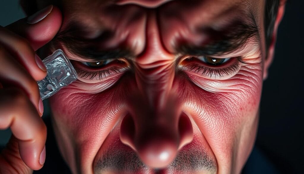 A closeup view of a person's face, eyes scrunched in pain, with a cold ice cube or popsicle pressed against the temple. The skin around the eyes is flushed and tense, conveying a sharp, throbbing sensation. The background is slightly blurred, putting the facial expression in sharp focus. Dramatic chiaroscuro lighting casts dramatic shadows, emphasizing the discomfort on the subject's face. The overall mood is one of tension and acute sensitivity, reflecting the causes and triggers of the "sphenopalatine ganglion neuralgia" condition described in the article.