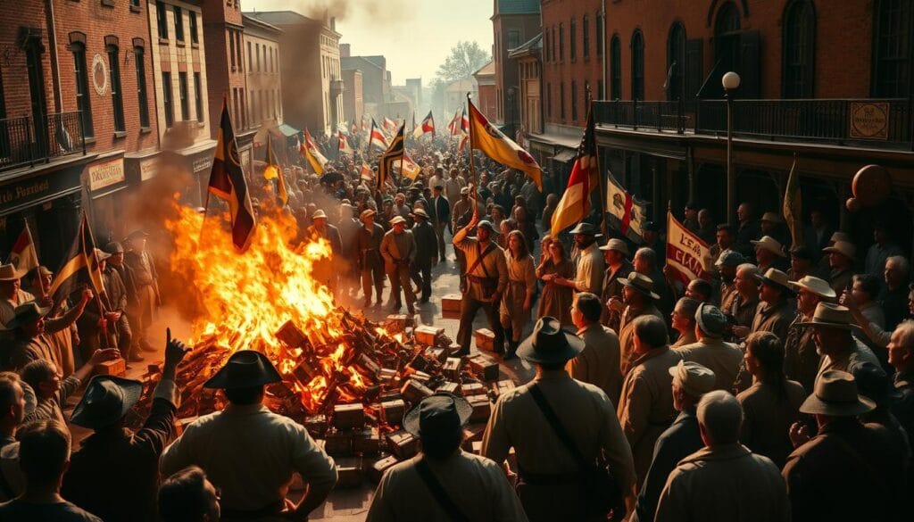 A colonial protest erupts in a bustling American town square, people gathered around a burning pile of tea chests, waving flags and banners in defiance. In the foreground, a group of determined colonists stands firm, their faces lit by the warm glow of the flames, capturing the spirit of their resistance. In the middle ground, a chaotic scene unfolds as merchants and bystanders watch on, some with concern, others with a sense of solidarity. The background is framed by colonial-era architecture, casting long shadows across the scene, heightening the sense of tension and historical significance. The image conveys the local impact of the Tea Act, the growing unrest, and the pivotal role this event played in the path to American independence. A colonial protest erupts in a bustling American town square, people gathered around a burning pile of tea chests, waving flags and banners in defiance. In the foreground, a group of determined colonists stands firm, their faces lit by the warm glow of the flames, capturing the spirit of their resistance. In the middle ground, a chaotic scene unfolds as merchants and bystanders watch on, some with concern, others with a sense of solidarity. The background is framed by colonial-era architecture, casting long shadows across the scene, heightening the sense of tension and historical significance. The image conveys the local impact of the Tea Act, the growing unrest, and the pivotal role this event played in the path to American independence.