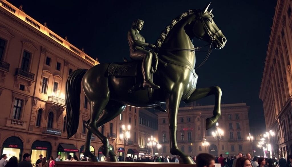 A colossal bronze sculpture of a majestic horse, the Sforza Horse, stands tall in the bustling streets of 15th century Milan. Commissioned by the powerful Duke Ludovico Sforza, this grand monument was envisioned by the legendary Leonardo da Vinci. Dramatic lighting illuminates the horse's muscular form, captured in a moment of powerful motion, its rider and reins absent. The sculpture's intricate detailing and lifelike proportions showcase da Vinci's unparalleled artistic vision, even as the project ultimately faced a spectacular failure, abandoned and never fully realized. This arresting scene reflects the challenges and setbacks that plagued da Vinci's ambitious endeavors in the city of Milan. A colossal bronze sculpture of a majestic horse, the Sforza Horse, stands tall in the bustling streets of 15th century Milan. Commissioned by the powerful Duke Ludovico Sforza, this grand monument was envisioned by the legendary Leonardo da Vinci. Dramatic lighting illuminates the horse's muscular form, captured in a moment of powerful motion, its rider and reins absent. The sculpture's intricate detailing and lifelike proportions showcase da Vinci's unparalleled artistic vision, even as the project ultimately faced a spectacular failure, abandoned and never fully realized. This arresting scene reflects the challenges and setbacks that plagued da Vinci's ambitious endeavors in the city of Milan.