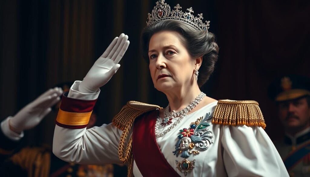 A commanding portrait of Queen Victoria in a formal military salute, captured with dramatic lighting and a stately, dignified atmosphere. The regal monarch stands tall, adorned in a pristine white dress uniform with gold epaulettes and intricate regalia, her stern expression conveying a sense of unwavering authority. The background is a rich, muted palette, drawing the viewer's focus to the central figure and the iconic military gesture. The scene evokes a pivotal moment in history, showcasing the evolving traditions and significance of the formal military salute. A commanding portrait of Queen Victoria in a formal military salute, captured with dramatic lighting and a stately, dignified atmosphere. The regal monarch stands tall, adorned in a pristine white dress uniform with gold epaulettes and intricate regalia, her stern expression conveying a sense of unwavering authority. The background is a rich, muted palette, drawing the viewer's focus to the central figure and the iconic military gesture. The scene evokes a pivotal moment in history, showcasing the evolving traditions and significance of the formal military salute.