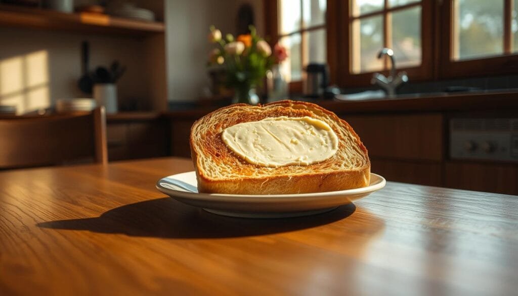 A cozy kitchen scene, illuminated by warm, natural lighting from a large window. On a wooden table, a freshly toasted slice of bread is artfully arranged, its crisp golden surface glistening with a generous spread of creamy butter. The tostada sits atop a simple, clean-lined plate, casting a soft shadow on the table's surface. In the background, a vase of fresh flowers and a few scattered kitchen utensils add a touch of casual elegance, while the overall composition conveys a sense of simplicity and everyday practicality. The scene invites the viewer to pause, savor the moment, and consider the delightful physics of how a tostada always seems to land buttered-side down.
