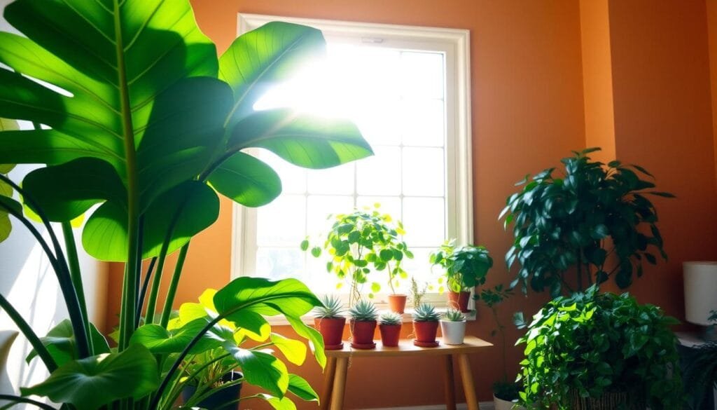 A cozy, well-lit interior with potted plants of various sizes and species thriving in natural light. The foreground features a lush, vibrant monstera plant, its large leaves reaching towards the sun. In the middle ground, smaller succulents and ivy plants adorn a wooden plant stand, casting gentle shadows on the warm-toned walls. The background showcases a large window, allowing a soft, diffused glow to fill the space, highlighting the harmonious integration of the verdant foliage into the serene, peaceful ambiance. The scene conveys a sense of tranquility and the energetic benefits of incorporating thriving indoor plants.