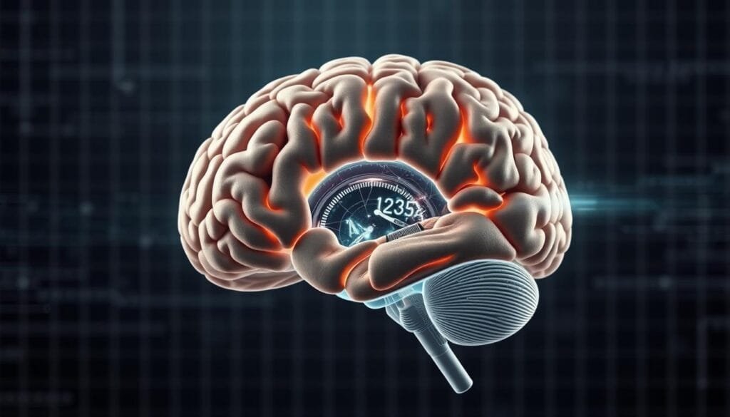 A cross-section of the human brain, illustrating the key cerebral regions that influence our subjective experience of time. The image should convey a sense of scientific investigation and neurological complexity, with a muted color palette and precise anatomical details. The foreground should feature a detailed rendering of the brain's temporal lobe, hippocampus, and frontal cortex, highlighting their roles in time perception and the flow of subjective experience. The middle ground could include diffuse glowing lines or neural pathways, suggesting the dynamic interplay of neural activity. The background should feature a subtly blurred, technical backdrop, such as a grid or wireframe, to reinforce the scientific and neurological nature of the subject matter. The overall mood should be one of introspection and the exploration of the inner workings of the mind.