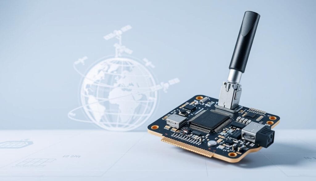 A cutaway diagram showcasing the key components of a GPS system. In the foreground, a detailed cross-section of a GPS receiver module, highlighting the antenna, microprocessor, and internal circuitry. In the middle ground, a wireframe globe representing the GPS satellite network, with multiple satellites orbiting the Earth in precise geometric patterns. In the background, a clean, technical backdrop with subtle grid lines and technical illustrations, conveying a sense of precision engineering. The lighting is crisp and directional, emphasizing the three-dimensional forms and technical details. The overall mood is informative and technical, suitable for illustrating the fundamental workings of a GPS system.