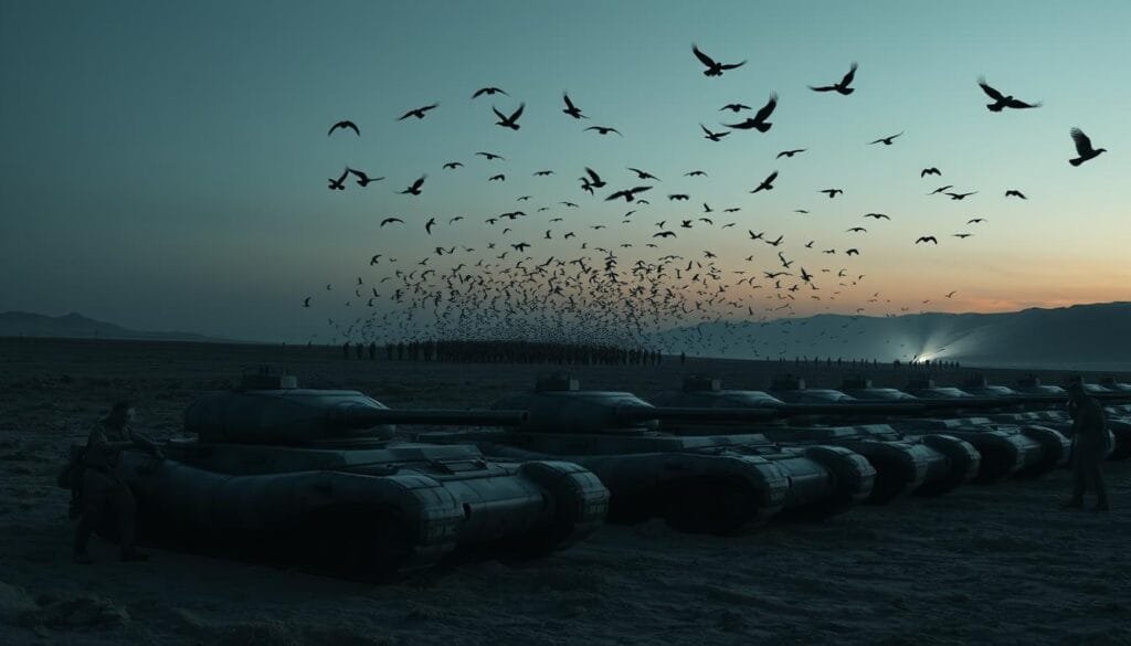 A desolate, windswept battlefield at dusk. In the foreground, a line of inflatable tanks, their camouflage patterns blending into the rugged terrain. Soldiers, clad in tattered uniforms, meticulously arrange the decoys, their faces determined. In the middle ground, a squadron of ghostly silhouettes emerges, their movements fluid and seamless. Overhead, a flock of crows takes flight, their cawing echoing through the twilight. The scene is illuminated by a single, low-angled spotlight, casting dramatic shadows and imbuing the entire tableau with a sense of mystery and deception. The mood is one of strategic cunning, a masterful illusion that would confound the enemy. A desolate, windswept battlefield at dusk. In the foreground, a line of inflatable tanks, their camouflage patterns blending into the rugged terrain. Soldiers, clad in tattered uniforms, meticulously arrange the decoys, their faces determined. In the middle ground, a squadron of ghostly silhouettes emerges, their movements fluid and seamless. Overhead, a flock of crows takes flight, their cawing echoing through the twilight. The scene is illuminated by a single, low-angled spotlight, casting dramatic shadows and imbuing the entire tableau with a sense of mystery and deception. The mood is one of strategic cunning, a masterful illusion that would confound the enemy.