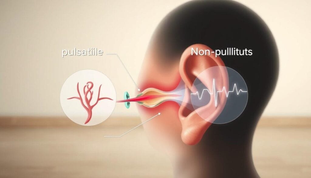 A detailed anatomical illustration of different types of tinnitus, rendered in a clean, technical style. The foreground features a cross-section of the human ear, highlighting the various components and structures. In the middle ground, distinct visual representations of pulsatile and non-pulsatile tinnitus, such as blood vessels or electrical signals, are depicted. The background depicts a soothing, neutral environment, emphasizing the clinical, informative nature of the image. The lighting is soft and diffused, creating a sense of scientific clarity. The overall composition and attention to detail convey a comprehensive, educational understanding of tinnitus classification.