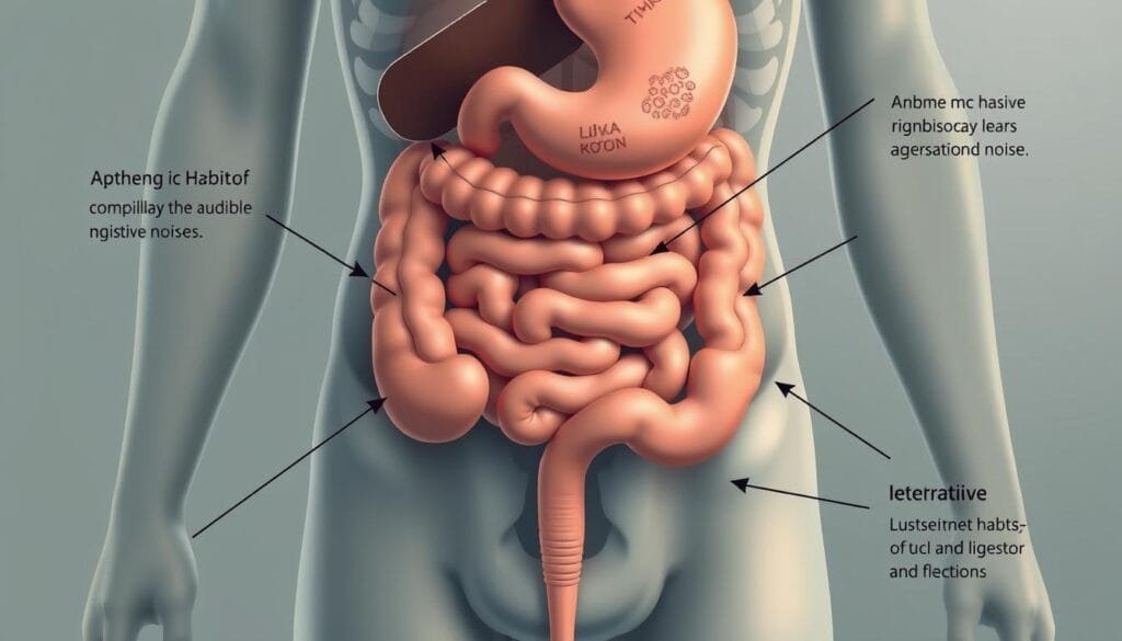 A detailed, anatomically accurate illustration of the abdominal region, showcasing the various factors and habits that amplify digestive noises. Rendered in a muted, scientific color palette with a focus on realism. Prominent features include the stomach, intestines, and other organs, along with arrows or annotations highlighting specific elements that contribute to the audible rumblings of the gastrointestinal system. The lighting should be soft and diffused, creating a clinical yet informative atmosphere. The composition should balance the informative nature of the image with an aesthetic appeal, guiding the viewer's attention to the key elements. The overall tone should convey a sense of educational clarity about this often overlooked, yet essential, bodily function.