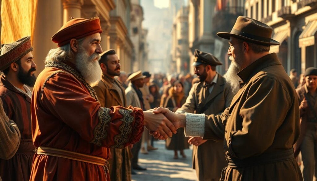 A detailed, cinematic illustration depicting the historical evolution of handshakes in commerce. In the foreground, two richly dressed Renaissance-era merchants exchange a formal, stiff handshake, conveying the ceremonial nature of past greetings. In the middle ground, merchants from the Industrial Revolution era grasp hands with more warmth and confidence, reflecting the rise of modern business practices. In the distant background, a bustling city street scene showcases the ubiquity of handshakes in contemporary commercial interactions. The scene is bathed in soft, golden light, creating an atmosphere of timeless tradition and the gradual progression of professional etiquette.