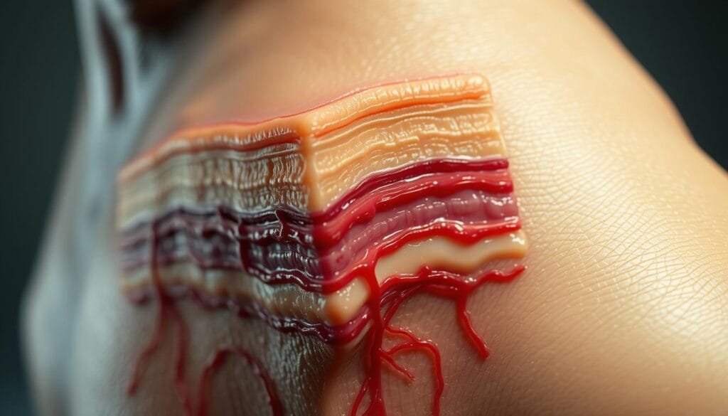 A detailed close-up of human skin, showing the intricate layers and structures that influence its appearance and health. The epidermis, dermis, and subcutaneous tissue are visible, with highlighted factors such as melanocytes, collagen fibers, blood vessels, and sweat glands. The lighting is soft and directional, casting gentle shadows to accentuate the textures and contours. The camera angle is slightly angled to provide depth and a sense of three-dimensionality. The overall mood is one of scientific curiosity and appreciation for the complexity of the human integumentary system.