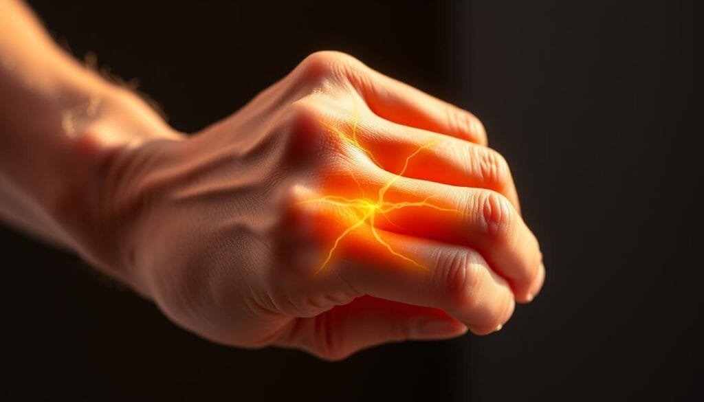 A detailed close-up view of a human hand experiencing nerve compression, with a glowing outline highlighting the affected nerves. The hand is clenched in a natural position, showcasing the subtle muscle tension. The background is slightly blurred, emphasizing the focal point of the damaged nerves. Warm lighting from the side creates dramatic shadows, conveying the sensation of tingling and discomfort. The image should evoke a sense of the common experiences of numb or tingling extremities, with a technical yet visually striking presentation.