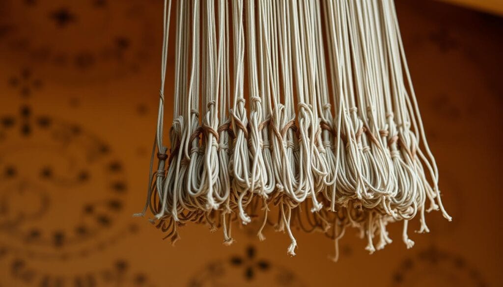 A detailed close-up view of a traditional Inca quipu, the knotted string recording system used for data storage and communication. The quipu is suspended against a warm, earthy background, highlighting the intricate patterns and colors of the intricately knotted cords. The lighting is soft and diffuse, emphasizing the delicate, almost textile-like quality of the quipu. The camera angle is slightly elevated, allowing the viewer to appreciate the full depth and complexity of the structure. The overall mood is one of reverence and curiosity, inviting the viewer to closely examine this remarkable example of Inca ingenuity and craftsmanship.