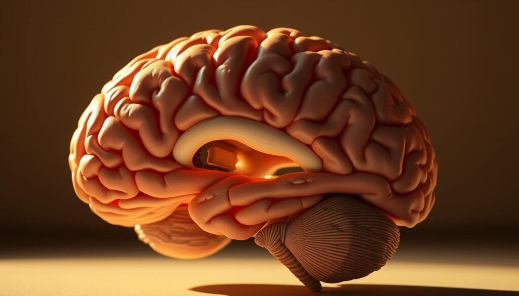 A detailed cross-section of the human brain, meticulously rendered in a precise, scientific style. The cerebral cortex and underlying structures are highlighted, with a focus on the language processing regions. The scene is bathed in a warm, directional lighting that casts subtle shadows, enhancing the three-dimensional form. The image conveys a sense of complexity and cognitive depth, reflecting the intricate neurological processes underlying language comprehension and production.