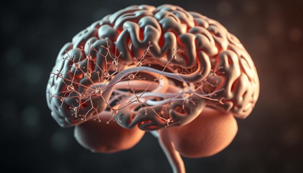 A detailed cross-section of the human brain, showcasing the intricate network of mirror neurons. The foreground presents a high-magnification view of the neuronal structure, with individual neurons and their dendritic connections clearly visible. The middle ground features a more holistic depiction of the brain's cortical regions, highlighting the areas associated with empathy, imitation, and social cognition. The background provides a sense of depth and scale, with a subtle, muted palette evoking a scientific, cerebral atmosphere. Soft, directional lighting emphasizes the delicate, intricate nature of the neural circuitry. The overall composition conveys a sense of wonder and discovery, inviting the viewer to explore the mysterious inner workings of the brain.