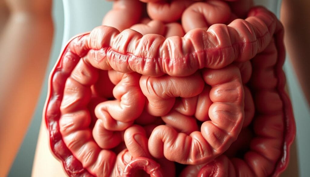 A detailed cross-section of the human digestive system, highlighting the small and large intestines. The intestines are depicted in realistic shades of pink and red, with intricate folds and contours. The foreground features a close-up view of the intestinal walls, showcasing the peristaltic motion that creates the audible gurgling sounds. The middle ground shows the complex network of blood vessels and nerves that supply the digestive tract. The background provides context, with a muted view of the surrounding abdominal organs. The lighting is soft and natural, creating a sense of depth and dimensionality. The overall composition conveys the inner workings of the gastrointestinal system in a visually compelling and informative manner.
