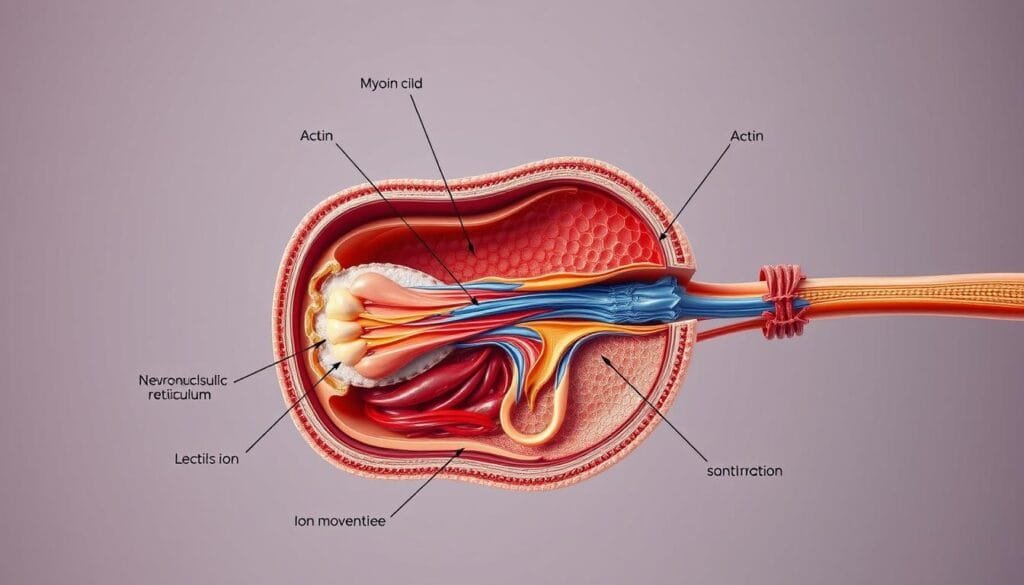 A detailed cross-section of the muscular contraction mechanism, showcasing the intricate interplay between actin and myosin filaments, the sarcoplasmic reticulum, and the neuromuscular junctions. Capture the complex choreography of ion movements, the sliding filament action, and the excitation-contraction coupling that enables the body's involuntary pilo-erection response. Render this physiological process in a highly realistic, anatomically-accurate illustration, with a clean, scientific aesthetic and subtle warm lighting to highlight the delicate structures. Emphasize the elegance and efficiency of this ancestral reflex, which still serves to protect and communicate our emotional state.