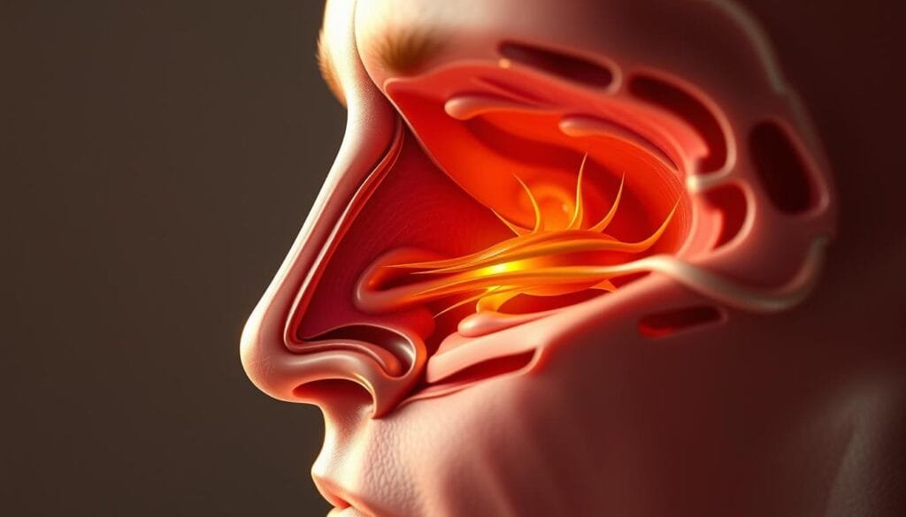 A detailed cross-section view of the human nasal cavity and sinus anatomy, highlighting the key mechanisms involved in the sneeze reflex. Crisp, highly realistic medical illustration with a clean, clinical aesthetic. Emphasis on the internal structures and physiological processes, including the nasal mucosa, cilia, turbinates, and the trigeminal nerve pathway that triggers the sneeze. Subtle warm lighting from the side illuminates the intricate anatomical details. Rendered with a muted color palette and high depth of field to draw the viewer's attention to the central mechanisms. Precise, technical accuracy to support the educational context. A detailed cross-section view of the human nasal cavity and sinus anatomy, highlighting the key mechanisms involved in the sneeze reflex. Crisp, highly realistic medical illustration with a clean, clinical aesthetic. Emphasis on the internal structures and physiological processes, including the nasal mucosa, cilia, turbinates, and the trigeminal nerve pathway that triggers the sneeze. Subtle warm lighting from the side illuminates the intricate anatomical details. Rendered with a muted color palette and high depth of field to draw the viewer's attention to the central mechanisms. Precise, technical accuracy to support the educational context.