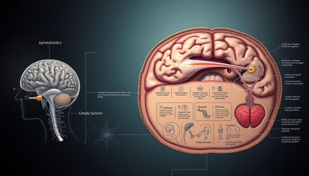 A detailed cross-sectional illustration depicting the complex causes and origins of congenital and acquired aphantasia. In the foreground, a series of anatomical diagrams showcasing the neural pathways and brain regions involved in visual imagery, with areas of dysfunction highlighted. The middle ground features schematic representations of genetic factors, developmental influences, and neurological conditions that can lead to the inability to visualize mental images. The background sets an atmospheric tone with muted hues and a sense of scientific inquiry, complementing the medical and technical nature of the subject matter. Precise, technical lighting accentuates the intricate details of this comprehensive visual exploration of the phenomenon of aphantasia.