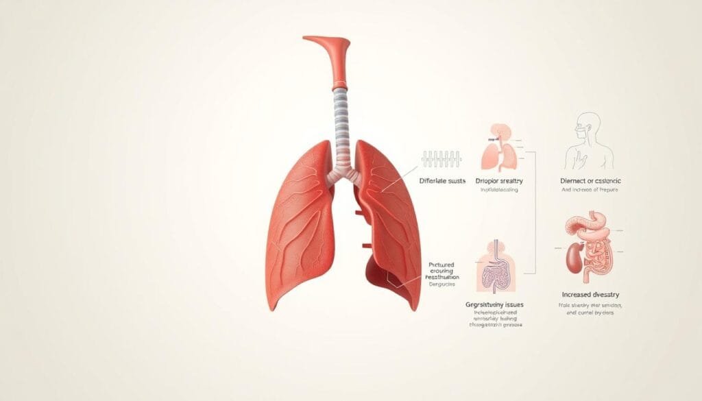 A detailed cross-sectional illustration of the hiccup mechanism and its impact on human health. In the foreground, a meticulously rendered anatomy of the diaphragm, intercostal muscles, and esophagus, highlighting the involuntary spasms that cause hiccups. In the middle ground, a series of medical diagrams showcasing the physiological consequences of prolonged or persistent hiccups, such as disrupted breathing, gastrointestinal issues, and increased intracranial pressure. The background features a soft, muted color palette, with subtle medical iconography and a sense of clinical precision, conveying the scientific nature of the subject matter. Crisp, high-resolution rendering with realistic textures and a balanced, natural lighting scheme to enhance the educational and informative qualities of the image.