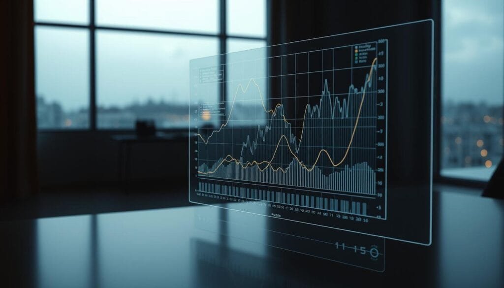 A detailed data analysis on mortality statistics, presented against a serene backdrop. In the foreground, a holographic display showcases intricate graphs and charts, their lines and curves flowing seamlessly. The middle ground features a sleek, minimalist workstation, its clean lines and muted tones creating a sense of focus and professionalism. In the background, a dimly lit room with large windows offers a calming, contemplative atmosphere, the soft glow of city lights visible outside. Subtle lighting casts a warm, pensive tone, underscoring the gravity and importance of the data being examined. The overall composition conveys the critical nature of mortality analysis, balanced with a sense of thoughtful, analytical inquiry.