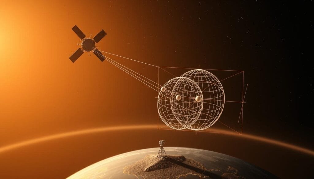 A detailed diagram depicting the process of satellite trilateration. In the foreground, a trio of satellites orbiting the Earth, their signals converging on a ground-based GPS receiver. The middle ground shows a wireframe model of the trilateration process, with intersecting spheres representing the distances from each satellite. The background features a subtle starry sky, conveying the vast expanse of space. The scene is illuminated by a warm, directional light, casting subtle shadows and highlights to enhance the technical and scientific nature of the imagery. The overall mood is one of precision, technology, and the interconnectedness of global navigation systems.