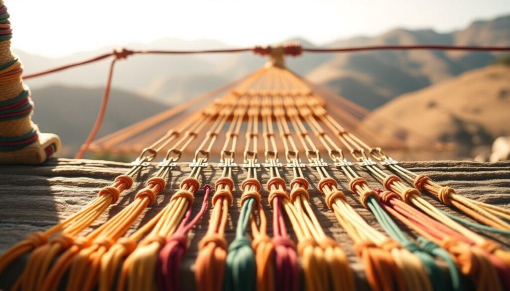 A detailed diagram of the decimal knot system used in Inca quipus, the intricate knotted-string accounting devices. In the foreground, a set of colored cords with strategically placed knots, each knot representing a specific numerical value. The middle ground shows the structure of the quipu, with the main cord and pendant cords branching out in an organized hierarchy. The background features a soft, muted Andean landscape, hinting at the cultural context in which these remarkable recording devices were used. Warm, natural lighting illuminates the scene, casting gentle shadows and highlighting the textures of the materials. Captured with a wide-angle lens to emphasize the complexity and precision of this ancient Inca accounting system.