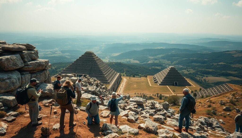 A detailed geological survey of the ancient Bosnian pyramids, captured in a stunning wide-angle view. The foreground showcases a team of geologists carefully examining the intricate rock formations, measuring and recording their findings. The middle ground reveals the majestic pyramidal structures, their geometric shapes and precise angles hinting at a mysterious, engineered origin. In the background, a panoramic vista of the surrounding countryside, with rolling hills and lush vegetation, providing context for the ancient site. The lighting is soft and natural, casting warm tones across the scene, creating an atmosphere of scientific inquiry and historical significance.