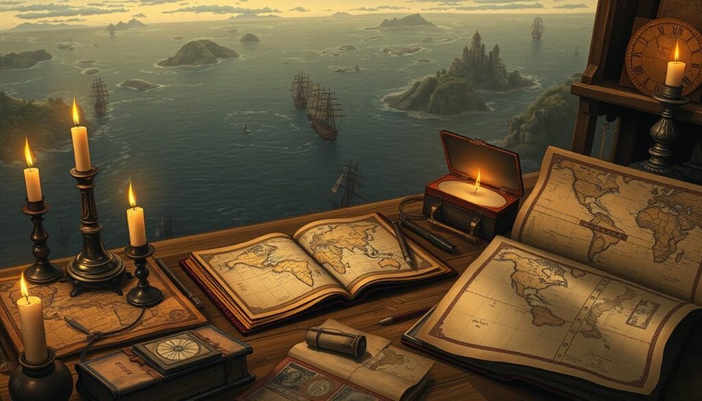 A detailed, historically accurate illustration of the evolution of cartography during the age of great exploration. A richly detailed scene depicting ancient and medieval maps, navigational instruments, and glowing compasses, set against a backdrop of vast, uncharted oceans and distant, mysterious landmasses. Warm candlelight illuminates aged parchments and leather-bound atlases, while delicate ink drawings and hand-colored illustrations evoke the painstaking labor of early cartographers. Geological features, coastlines, and trade routes unfold across the frame, showcasing the gradual refinement of human knowledge about the world. Subtle, naturalistic lighting and a muted, antique color palette convey a sense of timeless discovery and scholarly contemplation. A detailed, historically accurate illustration of the evolution of cartography during the age of great exploration. A richly detailed scene depicting ancient and medieval maps, navigational instruments, and glowing compasses, set against a backdrop of vast, uncharted oceans and distant, mysterious landmasses. Warm candlelight illuminates aged parchments and leather-bound atlases, while delicate ink drawings and hand-colored illustrations evoke the painstaking labor of early cartographers. Geological features, coastlines, and trade routes unfold across the frame, showcasing the gradual refinement of human knowledge about the world. Subtle, naturalistic lighting and a muted, antique color palette convey a sense of timeless discovery and scholarly contemplation.