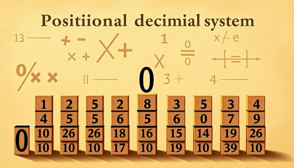 A detailed illustration depicting the positional decimal system with the introduction of the zero. The foreground showcases a series of stacked place value columns, each filled with numerical digits from 0 to 9, emphasizing the importance of the zero's position. The middle ground features various mathematical symbols and operators, such as plus, minus, and equals signs, to convey the system's role in enabling advanced calculations. The background presents a subtle, aged parchment-like texture, evoking a sense of historical significance and the revolutionary impact of this numerical innovation. The lighting is soft and warm, creating a contemplative and scholarly atmosphere suitable for the subject matter. A detailed illustration depicting the positional decimal system with the introduction of the zero. The foreground showcases a series of stacked place value columns, each filled with numerical digits from 0 to 9, emphasizing the importance of the zero's position. The middle ground features various mathematical symbols and operators, such as plus, minus, and equals signs, to convey the system's role in enabling advanced calculations. The background presents a subtle, aged parchment-like texture, evoking a sense of historical significance and the revolutionary impact of this numerical innovation. The lighting is soft and warm, creating a contemplative and scholarly atmosphere suitable for the subject matter.