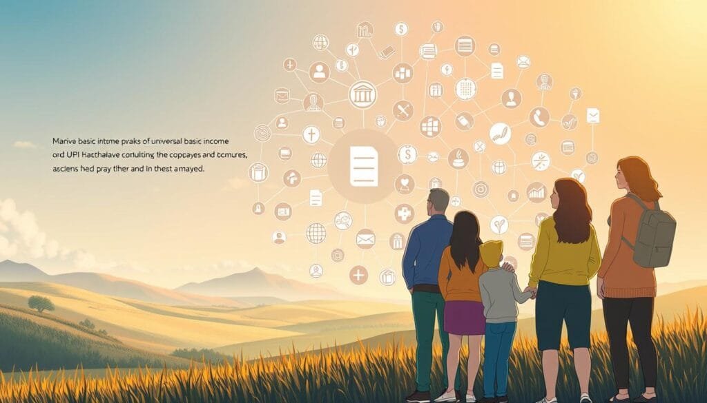 A detailed illustration of the concept of Universal Basic Income (UBI), showcasing its definition and scope. In the foreground, a group of diverse individuals stand together, representing the inclusive and comprehensive nature of UBI. The middle ground features a network of interconnected icons, symbolizing the far-reaching impact of UBI on various aspects of society, such as education, healthcare, and economic stability. In the background, a serene landscape with a vibrant color palette suggests the potential for a more equitable and prosperous future under a UBI system. The lighting is soft and warm, creating a sense of optimism and possibility. The overall composition conveys the complexity and importance of UBI as a transformative social and economic policy.