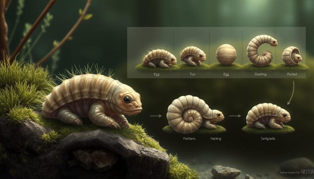 A detailed illustration of the life cycle of a tardigrade (water bear), showcasing its remarkable resilience. In the foreground, a microscopic tardigrade in its active state, surrounded by a lush, mossy environment. In the middle ground, the tardigrade curling into a dormant tun form, protected by a tough exoskeleton. In the background, a series of sequential frames depicting the tardigrade's transformation, from an egg hatching to the adult stage, and the cyclical nature of its life. Rendered with a naturalistic, scientific illustration style, using a soft, muted color palette to convey the delicate, microscopic nature of the subject. Backlighting and subtle shadows create depth and dimension, while maintaining a focus on the intricate details of the tardigrade's anatomy and lifecycle.