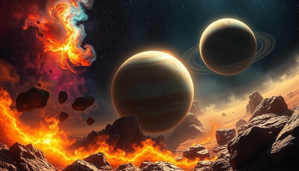 A detailed illustration of the unique aromas of the solar system, showcasing the diverse scents of its celestial bodies. In the foreground, a vibrant nebula emits a rich, earthy aroma, while in the middle ground, a gas giant planet exudes a pungent, sulfurous scent. The background features a rocky exoplanet with a dry, metallic fragrance. The scene is illuminated by a warm, diffused light, creating a dreamlike atmosphere that captures the intriguing olfactory experiences of space exploration. Captured through a wide-angle lens, the image offers a comprehensive sensory perspective of the solar system's aromatic wonders.