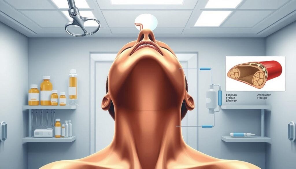A detailed medical illustration showcasing various treatments for persistent hiccups. In the foreground, a close-up view of a person's head and upper torso, with the focus on the neck and throat area. Surgical tools, medication bottles, and other medical equipment are prominently displayed, suggesting potential therapeutic interventions. The middle ground features a cross-section diagram of the human esophagus and diaphragm, highlighting the physiological mechanisms underlying persistent hiccups. The background depicts a clinical setting, with clean, sterile surfaces and subtle lighting to convey a sense of professionalism and medical expertise. The overall tone is informative and educational, designed to visually complement the article's section on medical treatments for persistent hiccups.