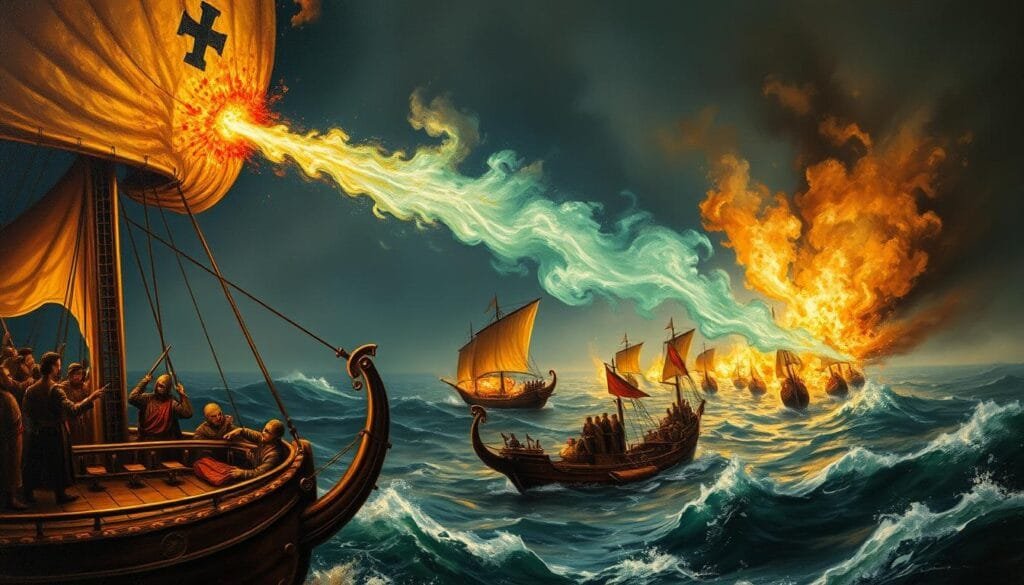 A detailed oil painting of the "Origen Fuego Griego Kallinikos", the ancient Greek incendiary weapon used by the Byzantine Empire. The scene depicts a medieval naval battle, with Byzantine ships unleashing streams of flickering, bluish-green flames onto the enemy vessels. The foreground showcases the fiery mixture being ignited and propelled through specialized nozzles, creating an intense, almost supernatural display of destruction. In the middle ground, the enemy ships are engulfed in the relentless, otherworldly flames, their crews desperately trying to extinguish the blaze. The background features a dramatic, stormy seascape, with crashing waves and a darkened sky, heightening the sense of peril and the technical prowess of this ancient weapon. The lighting is dramatic, with the flames casting an eerie glow across the scene, emphasizing the alchemical and mysterious nature of the "Greek Fire". A detailed oil painting of the "Origen Fuego Griego Kallinikos", the ancient Greek incendiary weapon used by the Byzantine Empire. The scene depicts a medieval naval battle, with Byzantine ships unleashing streams of flickering, bluish-green flames onto the enemy vessels. The foreground showcases the fiery mixture being ignited and propelled through specialized nozzles, creating an intense, almost supernatural display of destruction. In the middle ground, the enemy ships are engulfed in the relentless, otherworldly flames, their crews desperately trying to extinguish the blaze. The background features a dramatic, stormy seascape, with crashing waves and a darkened sky, heightening the sense of peril and the technical prowess of this ancient weapon. The lighting is dramatic, with the flames casting an eerie glow across the scene, emphasizing the alchemical and mysterious nature of the "Greek Fire".