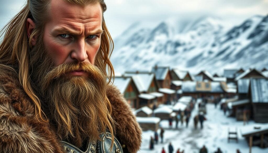A detailed portrait of a Viking man, standing tall and proud, his appearance reflecting the cultural influences of his people. In the foreground, the Viking's face is handsomely groomed, with a neatly trimmed beard and piercing eyes that convey a sense of wisdom and strength. His hair is long and well-maintained, styled in the traditional Viking fashion. He wears a fur-lined cloak and a metal-embellished tunic, signifying his high status within the community. In the middle ground, the Viking's surroundings suggest a well-organized and prosperous settlement, with wooden structures and a bustling marketplace in the distance. The background is dominated by a rugged, snow-capped landscape, evoking the harsh yet beautiful Nordic environment that shaped the Viking way of life. The overall scene radiates a sense of cultural pride, highlighting the attention to personal grooming and the integration of hygiene practices within the Viking society.