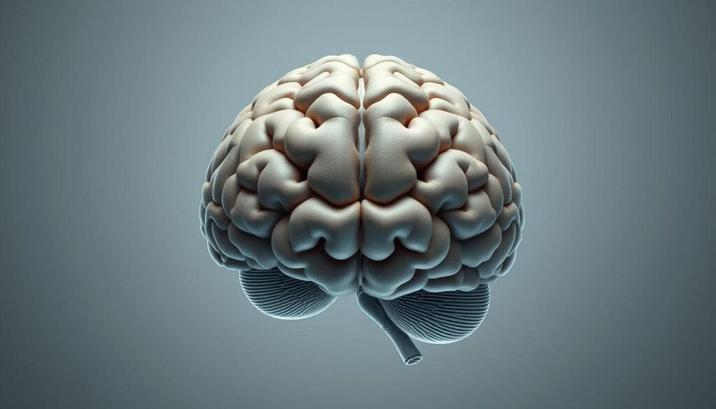 A detailed rendering of the human brain, showcasing the concept of "lateralidad cerebral" or cerebral lateralization. The left and right hemispheres are clearly delineated, with the dominant functions of each side highlighted. The image has a scientific, clinical atmosphere, with a muted color palette and precise anatomical details. The brain is presented against a neutral background, allowing the viewer to focus on the complex neural structures and their specialized roles. Subtle lighting from above casts gentle shadows, emphasizing the three-dimensional form and intricate folds of the cerebral cortex. The overall impression is one of scholarly exploration, inviting the viewer to delve into the fascinating mechanisms of the human mind.