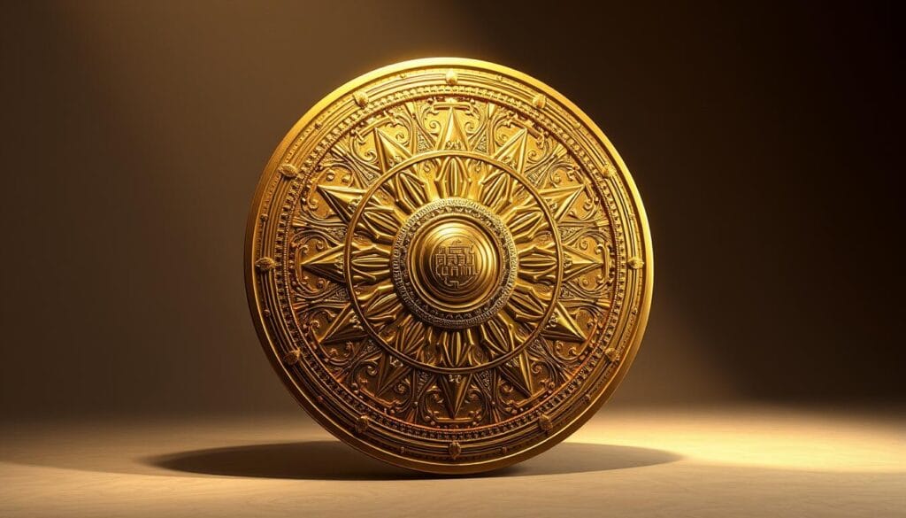 A detailed scientific analysis of the legendary "tejo de oro", the massive golden sun-disc artifact attributed to the lost treasures of Aztec emperor Moctezuma. Rendered in a realistic, high-resolution illustration style with precise attention to material textures and lighting. The golden disc is the central focus, suspended against a muted, neutral background that allows the craftsmanship and subtle imperfections of the ancient artifact to take center stage. Rendered from a slightly elevated angle to showcase the intricate repousse designs and refractive qualities of the pure gold surface. Subtle studio lighting casts warm, directional shadows that accentuate the dimensional details. An atmosphere of reverence and scholarly examination pervades the scene.