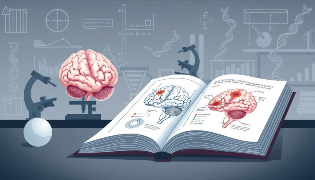 A detailed scientific illustration depicting genetic studies on handedness. In the foreground, a large open book with anatomical diagrams of the human brain, highlighting regions associated with motor function and handedness. In the middle ground, microscopes, DNA strands, and scientific equipment convey an academic, laboratory setting. The background features a muted color palette of grays and blues, with subtle geometric patterns suggesting data visualizations or statistical analysis. The overall mood is one of contemplative, intellectual inquiry, capturing the essence of the "Evidencia científica y avances en la investigación" section.