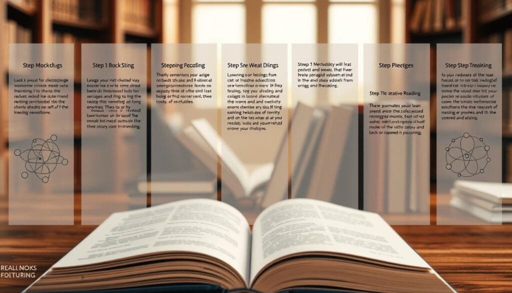 A detailed, step-by-step methodology for effective reading, presented as a series of transparent, overlapping pages or book spreads. The foreground shows the central steps, with crisp, illustrated diagrams and infographics. The middle ground features elegant, hardcover book mockups in warm, earthy tones, conveying the tactile, intellectual nature of the subject. The background depicts a softly lit, contemplative setting, perhaps a study or library, suggesting the focused, introspective atmosphere of deep learning. The overall composition is balanced, harmonious, and visually engaging, drawing the viewer into the methodical process of absorbing knowledge from books.